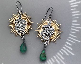 Solar Serpent Earrings, Snake and Sun Earrings, Occult Earrings, Snake Earrings with Malachite Azurite