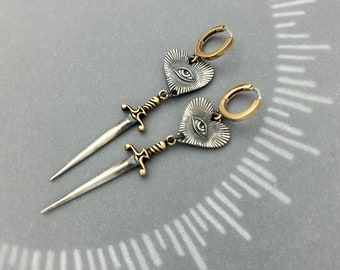 Sterling Silver All Seeing Eye Heart Earrings with Mixed Metal Swords, Sword Earrings, Huggie Hoops