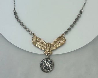 Barn Owl Necklace with Full Moon, Talisman Necklace