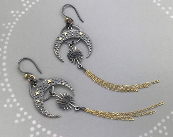 Sterling Silver Cosmic All Seeing Eye Earrings With Crescent Moon and Delicate 14K Gold Fill Chain Fringe