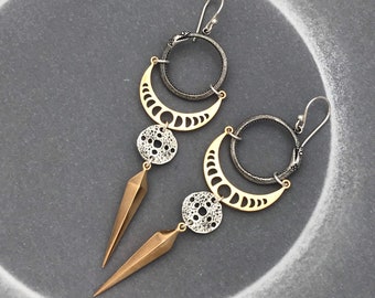 Sterlings Silver Ouroboros Snake Earrings with Bronze Moon Phases and Long Spikes