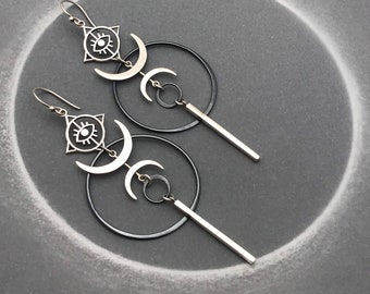 Sterling Silver All Seeing Eye Hoop Earrings with Double Crescent Moons