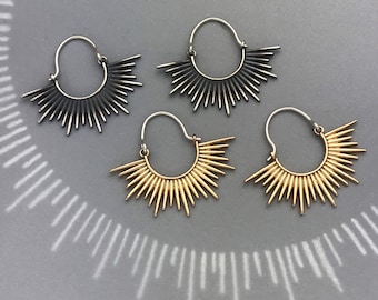 Mini Sun Ray Hoops, Sterling Silver Hoops, Bronze Hoops