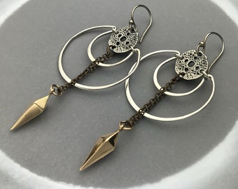 Moon Scape Amulet Earrings with Silver Crescents and Bronze Spike Pendulum