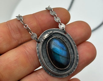Sterling Silver Ouroboros Necklace with Flashy Labradorite, Snake Talisman Necklace
