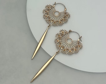 Bronze Mandala Hoop Earrings with Long Pod