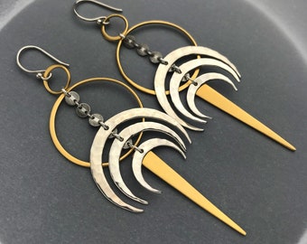 Triple Crescent Moon/ Ribcage/ Centipede Earrings with Long Golden Spike