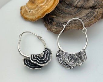 Sterling Silver Mushroom Hoop Earrings, Turkey Tail Hoop Earrings, Reishi Mushroom Earrings