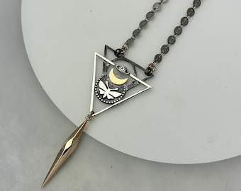 All Seeing Eye Necklace with Moth and Moon and Geometric Bronze Spike