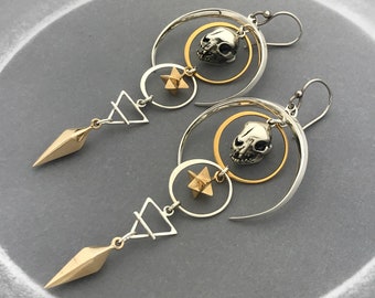 Cat Skull Sacred Geometry Earrings with Crescent Moon, Earth Element Symbol and Bronze Spike
