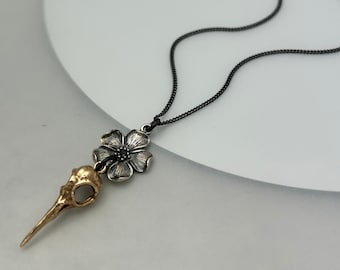 Sterling Silver Talisman Necklace with Cherry Blossom and Bronze Hummingbird Skull Necklace