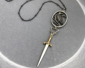 Sterling Silver Raven Necklace with Earth Symbol and Protective Sword