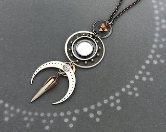 All Seeing Eye Talisman Protection Necklace with Moon and Merkaba Star and Mirror Pendant