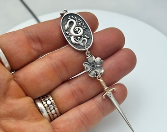 Sterling Silver Snake Necklace with Cherry Blossom and Protective Sword