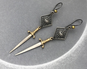 Sterling Silver All Seeing Eye Earrings with Mixed Metal Swords, Sword Earrings