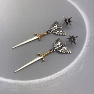 Sterling Silver Star Stud Earrings with Swords and Moths, Sword Earrings, Moth Earrings