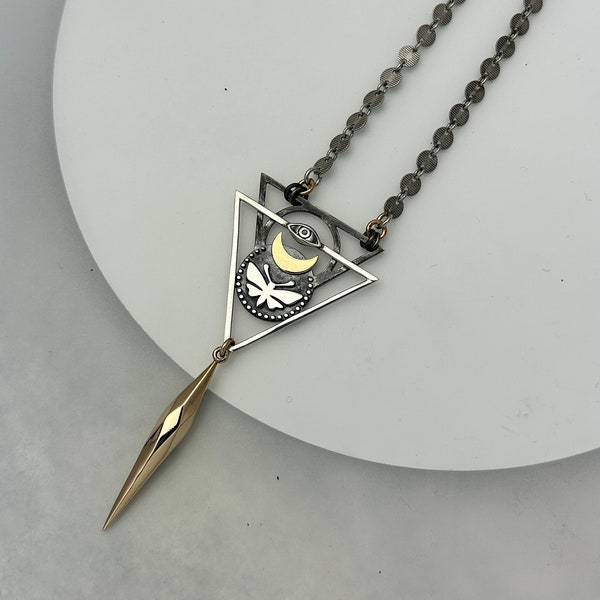 All Seeing Eye Necklace with Moth and Moon and Geometric Bronze Spike