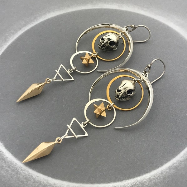 Cat Skull Sacred Geometry Earrings with Crescent Moon, Earth Element Symbol and Bronze Spike