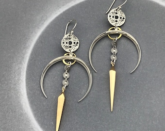 Silver Crescent Moon Earrings with Talisman Amulet and Long Bronze Spike Pendulum