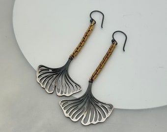 Ginkgo Leaf Dangle Earrings with Chunky Gold Chain