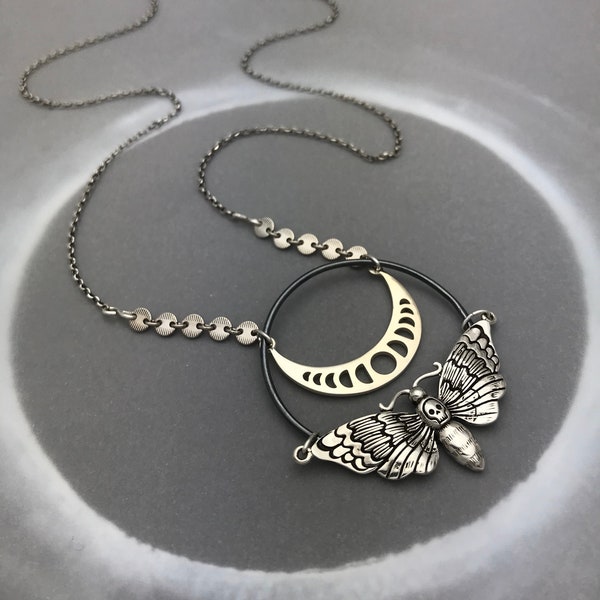 Moon Phase Necklace with Skull Moth Occult Jewelry