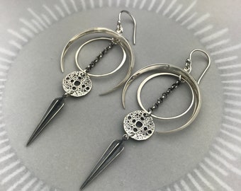 Crescent Moon Earrings with Moonscape Amulet and Ridged Spike