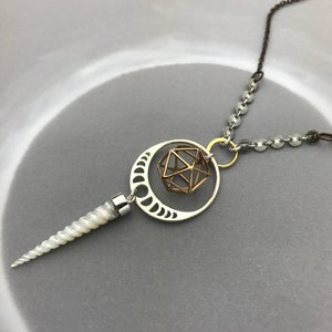 Moon Phase Necklace with Magical Unicorn Horn and Sacred Geometry Icosahedron, Sacred Geometry Necklace
