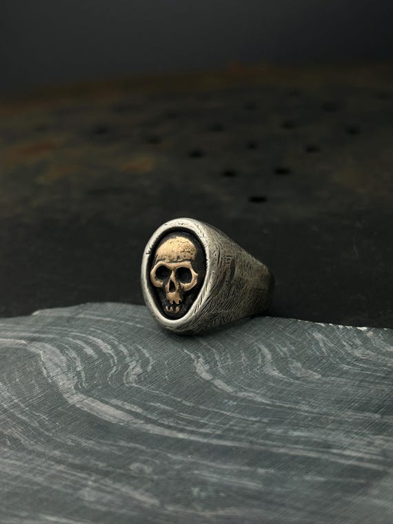 Memento Mori Mixed Metal Skull Ring, Biker Ring, Men's Ring UK