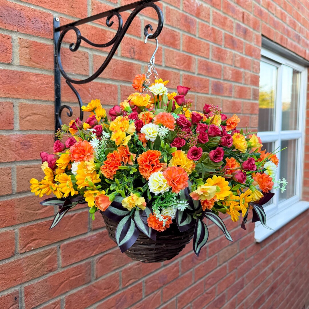Artificial Flower Hanging Basket – Autumn Mixed Flowers for Outdoor ...