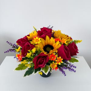 Artificial Grave Pot Flowers – Red Roses & Sunflowers Memorial Arrangement, Cemetery Flower Decoration, Grave Flowers