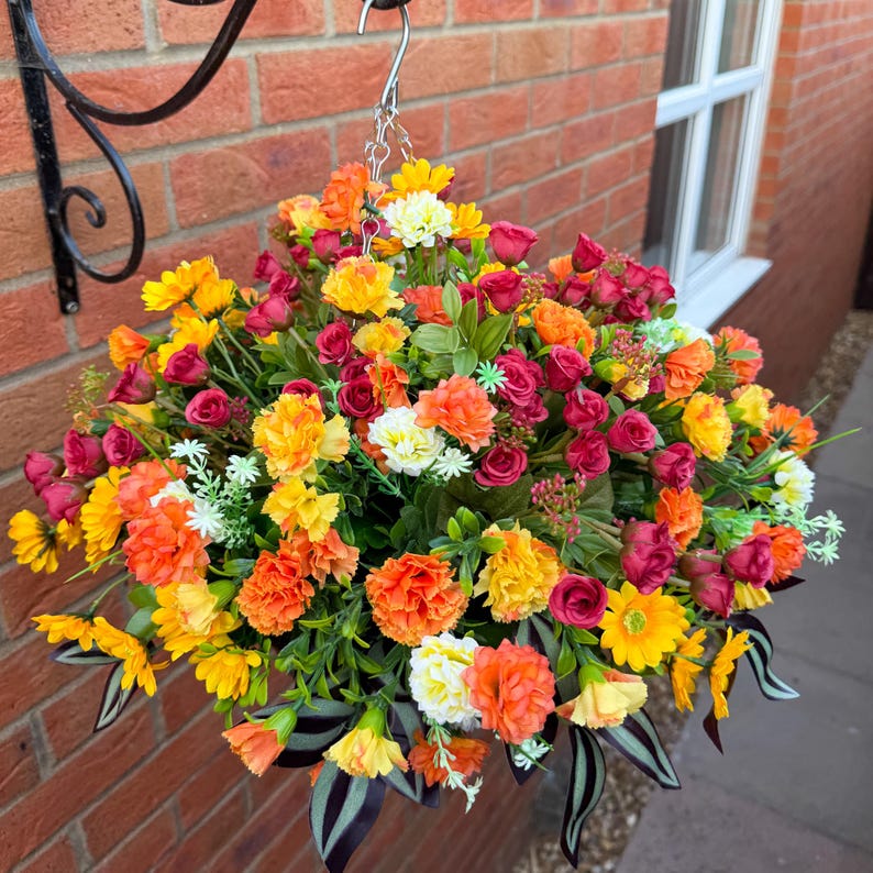 Artificial Flower Hanging Basket – Autumn Mixed Flowers for Outdoor ...