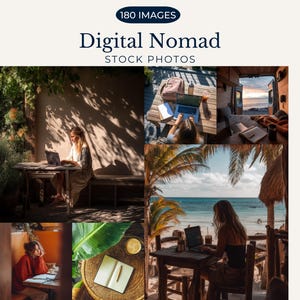 Könnte beinhalten: Eine Collage aus Bildern, die Menschen zeigen, die an verschiedenen Orten an Laptops arbeiten, darunter ein tropischer Strand, ein Café und ein Van. Die Bilder sind Teil einer Sammlung von 180 Stockfotos mit dem Titel "Digitaler Nomade".