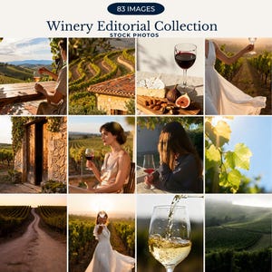 May include: A collection of stock photos featuring scenes from a winery. Images include glasses of wine, vineyards, and people enjoying wine. The text "Winery Editorial Collection" and "83 Images" are visible.
