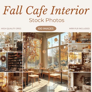 May include: A collage of images showcasing the interior of a cafe decorated for fall. The cafe features large windows with views of fall foliage, wooden tables and chairs, and a bookshelf filled with books. The cafe is decorated with fall-themed decor, such as pumpkins and leaves.