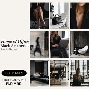 Puede incluir: Una colección de 100 fotos de stock de alta calidad con una estética negra. Las imágenes representan interiores modernos de casas y oficinas, con un enfoque en el diseño minimalista y las líneas limpias. Las fotos muestran una variedad de espacios, incluyendo salas de estar, dormitorios, cocinas, oficinas y espacios de trabajo. Las imágenes son perfectas para usar en blogs, sitios web, redes sociales y materiales de marketing.