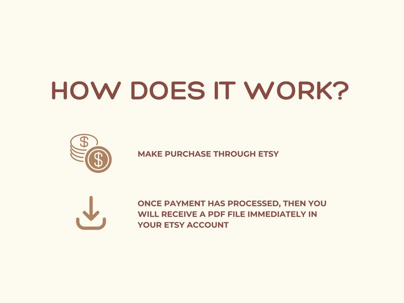 May include: How does it work? Illustration showing the steps to purchase a digital product on Etsy. First, make a purchase through Etsy. Then, once payment is processed, you will receive a PDF file immediately in your Etsy account.