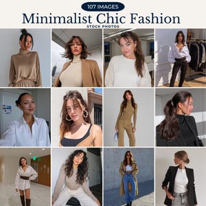 Op de afbeelding: Een collage van afbeeldingen met minimalistische chique mode. De afbeeldingen tonen verschillende outfits, waaronder een beige coltrui en bijpassende broek, een wit overhemd en een zwarte blazer. De tekst "Minimalist Chic Fashion" wordt bovenaan weergegeven.