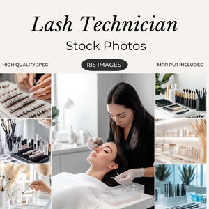 May include: A lash technician applies eyelash extensions to a client's eye. The image shows a variety of lash extension supplies, including tweezers, brushes, and lash trays. The image also includes the text "Lash Technician Stock Photos 185 Images MRR PLR Included".