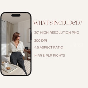 Puede incluir: Un producto digital se muestra en la pantalla de un tel&eacute;fono inteligente. La imagen muestra a una persona con una camisa blanca y pantalones oscuros. El texto en la pantalla dice "WHAT'S INCLUDED?" seguido de detalles del producto: 201 archivos PNG, 300 DPI, relaci&oacute;n de aspecto 4:5 y derechos MRR y PLR.