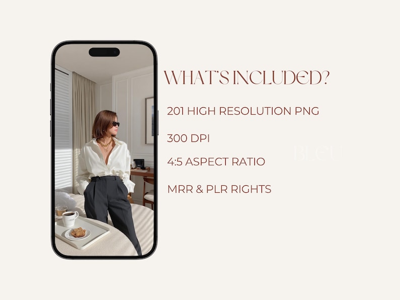 Puede incluir: Un producto digital se muestra en la pantalla de un tel&eacute;fono inteligente. La imagen muestra a una persona con una camisa blanca y pantalones oscuros. El texto en la pantalla dice "WHAT'S INCLUDED?" seguido de detalles del producto: 201 archivos PNG, 300 DPI, relaci&oacute;n de aspecto 4:5 y derechos MRR y PLR.