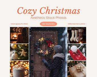 May include: A collage of images showcasing a cosy Christmas aesthetic. The images include a fireplace with stockings, a snowy door with a wreath, a cup of hot chocolate, a Christmas tree with decorations, and a gift wrapped in brown paper.