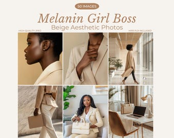 May include: A collection of 50 beige aesthetic photos featuring a Black woman in various poses. The photos include images of the woman wearing a beige blazer, a beige suit, and a beige dress. The photos also include images of the woman sitting at a desk with a laptop and a beige handbag. The photos are high quality and perfect for use in social media, marketing materials, or personal projects.