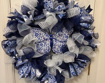 Blue and white French  Toile pattern butterfly wreath