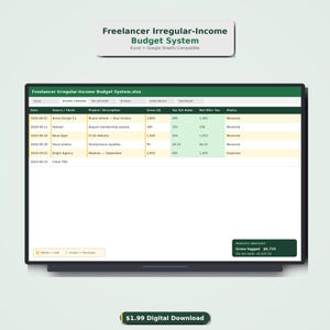 Może przedstawiać: Cyfrowy arkusz kalkulacyjny zatytułowany Freelancer Irregular-Income Budget System.xlsx zawierający kalendarz przychodów z kolumnami na datę, źródło, projekt, kwotę brutto, podatek i dochód netto. Zawiera okno z podsumowaniem miesięcznym.