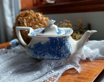 Tetera vintage azul y blanca de Myott Son & Co – Paisaje inglés