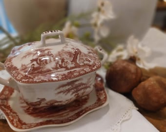 Antique Red Transferware Mini Tureen with Underplate | English Faience, Circa 1890-1910