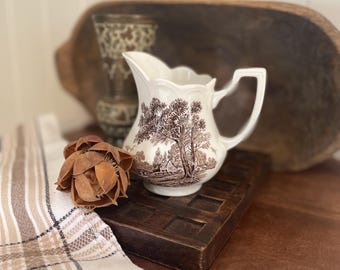 Vintage Romantic England Ironstone Creamer Pitcher by J&G Meakin – Brown Transferware Cottage Scene
