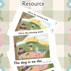 May include: A Summer Phonics Resource educational worksheet featuring illustrations of children having a picnic in a park. The text includes Fill in the missing word, The dog is on the, and The is in the tree, with blank spaces for students to complete.