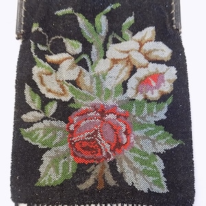 Antique Vintage Glass Beaded Purse Roses Daffodils Floral Handbag
