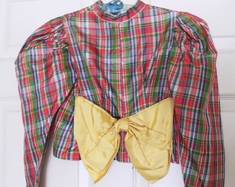 Girl's Victorian Plaid Rayon Bodice Blouse Bow on Back B28